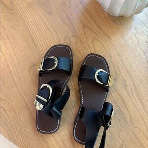 Black Leather Sandals with Gold Buckles Universal thread worn once